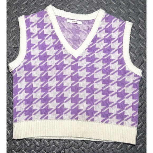 Sasha V Neck Houndstooth Pattern Lilac Sweater Preppy acrylic crop Vest Y2K Sz L - Picture 2 of 9